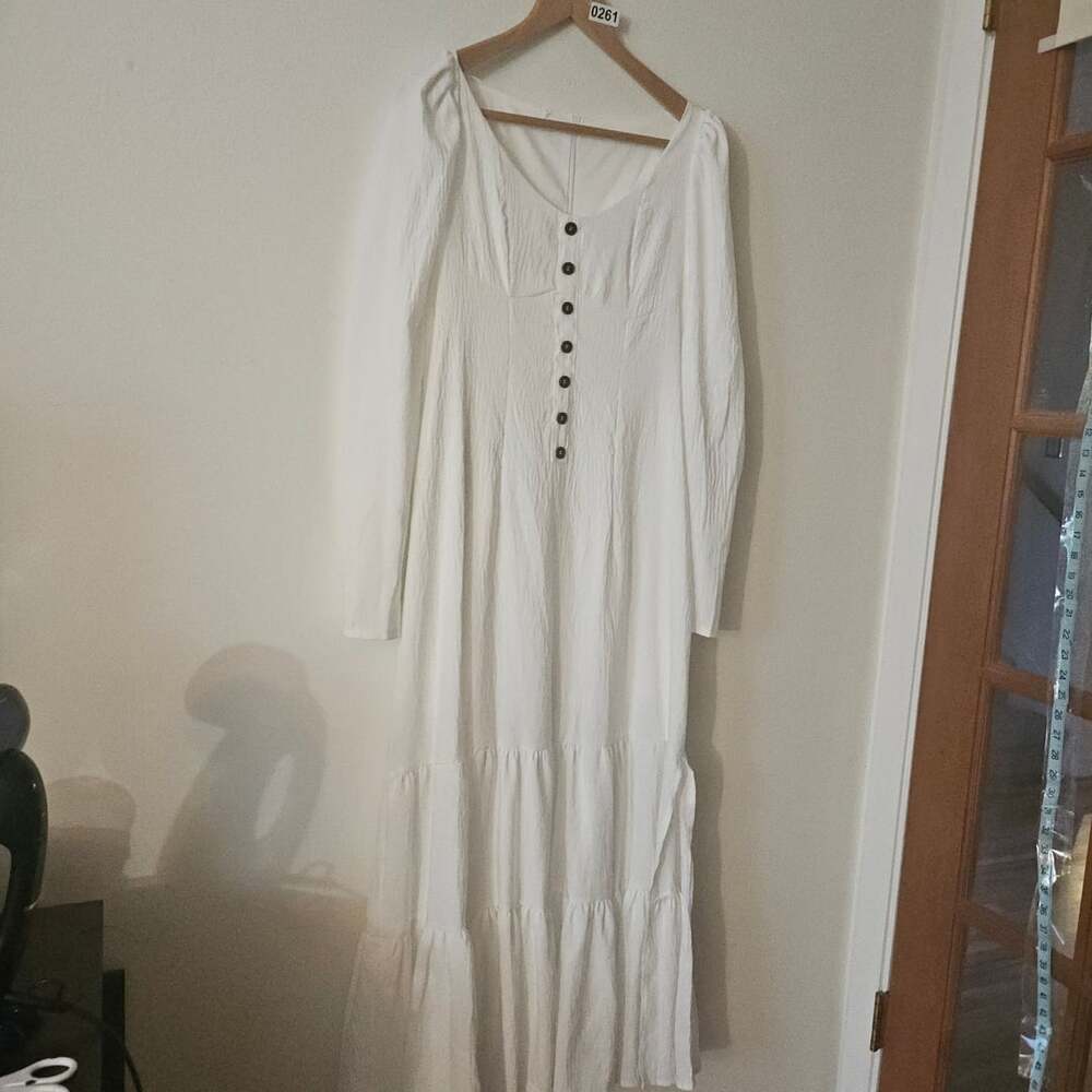 White Maxi Dress Size L Button Front Prairie